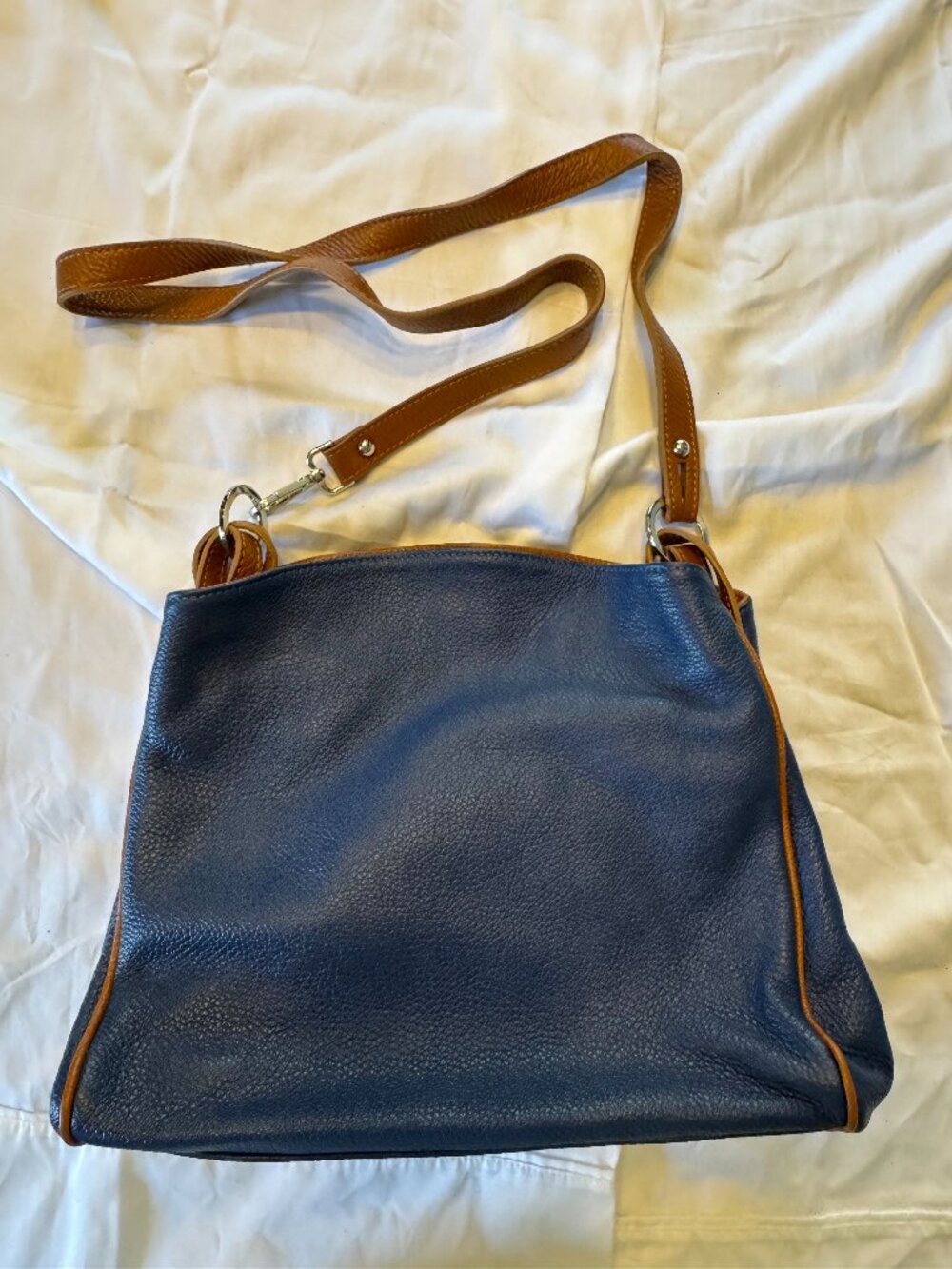 Blue Leather Made in Italy Large Handbag, Gold Tone Hardware